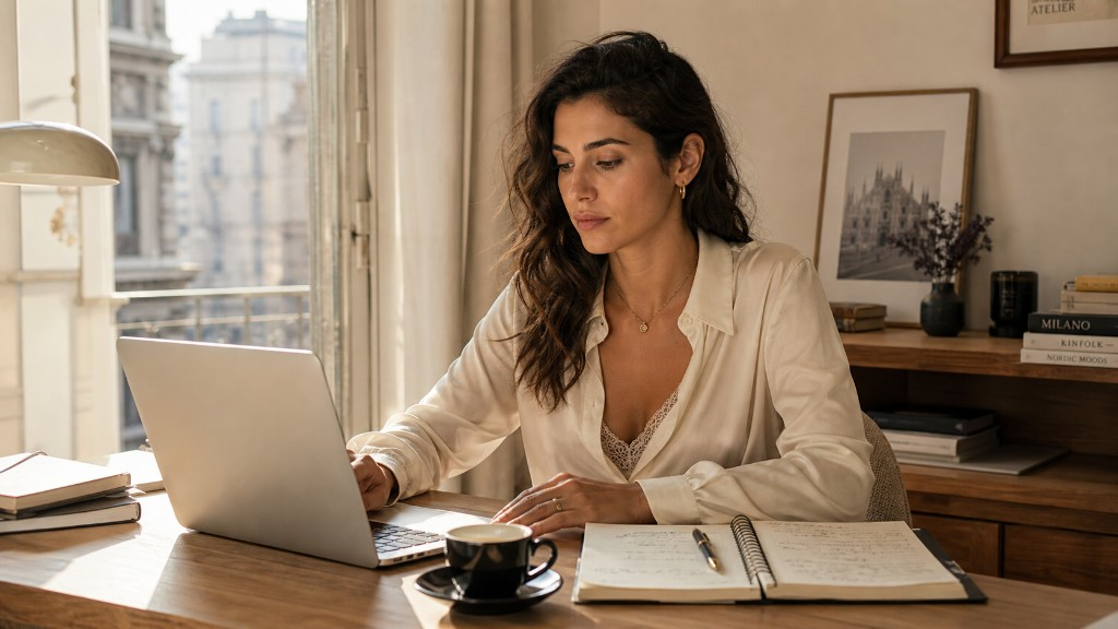 Libera professionista che lavora da casa al computer per la gestione dell'attività e dei contributi Gestione Separata INPS.