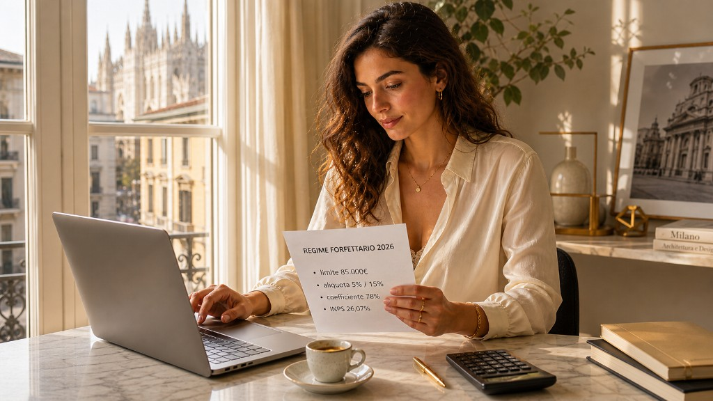 Professionista che consulta un documento sul Regime Forfettario 2026 mentre lavora al computer.