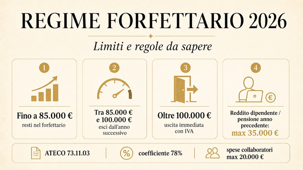 Infografica su limiti e regole del Regime Forfettario 2026: soglie 85.000 e 100.000 euro, requisiti e coefficiente 78% per ATECO 73.11.03.