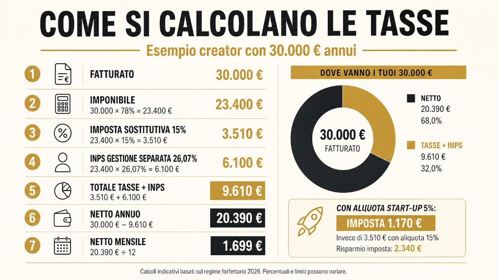 Infografica esempio calcolo tasse regime forfettario con fatturato 30.000 euro annui, imposta sostitutiva e INPS, netto mensile e confronto aliquota start-up 5%.